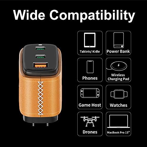 Premium 65 W Ga N USB-C Wall Charger with 3 Ports – Elegant Foldable Design in Genuine Leather for Fast Charging of i Phone 16/15/14/13/12, i Pad Pro/Air/Mini, Nintendo Switch, Mac Book/Air – Ultimate Compatibility & Portability for Tech Lovers