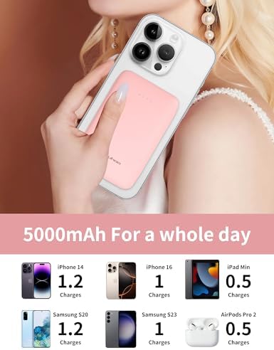 Ultra-Slim 5000 m Ah Power Bank with Built-In USB-C Cables – Dual Charging External Battery Pack for i Phone & Android – Lightweight Travel Companion in Black & Pink – Effortless Portability and Enhanced Device Compatibility