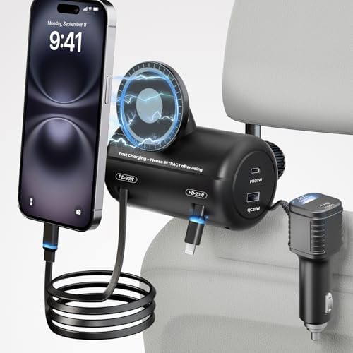 Revolutionize Your Travel Charging with the OHLPRO 6-in-1 Backseat Retractable Car Charger Station – Fast Dual USB Ports with 20 W PD & QC Adaptability, Magnetic Headrest Mount for Ultimate Convenience, Ideal for Rideshare Drivers and Passengers, Compatible with All Devices