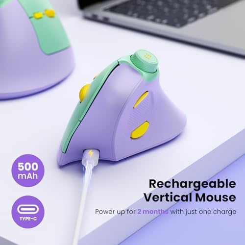 seenda Purple Ergonomic Vertical Wireless Mouse – Rechargeable Dual Bluetooth & USB Connectivity, Multi-Device Compatible with Quiet Clicks & Volume Control Knob for Windows, Mac, PC & Laptop – Comfort & Style Combined