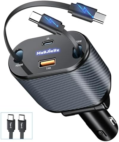 Magjieyx 62 W Retractable Car Charger: 4-in-1 Fast Charging Adapter for Ultimate On-the-Go Power – Compatible with i Phone 16/15/14/13/12 Pro Max Plus, i Pad, Air Pods, Galaxy – Quick Charge & Power Delivery Enabled for Rapid Device Charging – Tangle-Free Convenience for Commuters and Travelers
