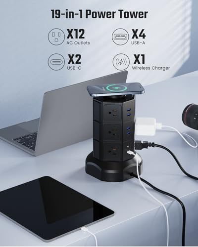 Elevate Your Charging Solutions with the SUPERDANNY Power Strip Tower – 15 W Wireless Charger and 1050 J Surge Protector with 12 AC Outlets, 6 USB Ports (Including 2 USB-C) and 6.5 ft Extension Cord – Ideal for Home Office Organization and Efficient Device Management with Elegant Wood Grain Finish
