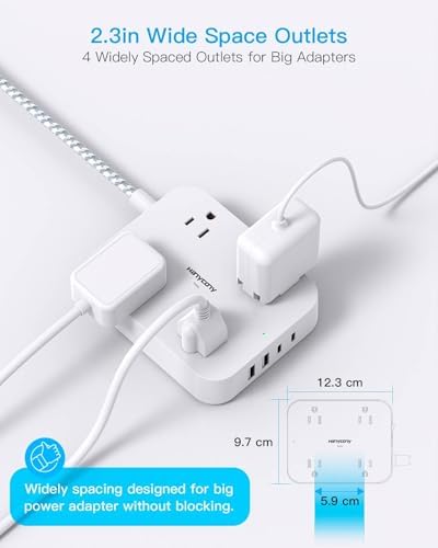HANYCONY 10 Ft Ultra Thin Flat Extension Cord with 4 AC Outlets & 4 USB Ports (2 USB-C) – Wall-Mountable Power Strip & Desk Charging Station for Seamless Office, Dorm, and Travel Connectivity – Superior Surge Protection & Space-Saving Design
