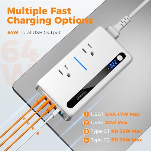 Universal 220 V to 110 V Travel Voltage Converter by TESSAN – High-Efficiency Step Down Transformer with 4 USB Ports (2 USB-C) & Dual AC Sockets for Global Compatibility in EU, UK, AU, IT – Fast Charging Solution for Seamless Worldwide Device Powering