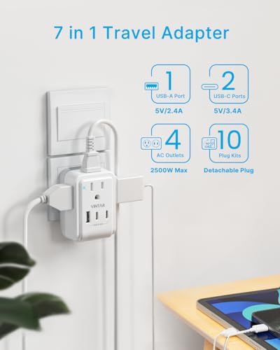 VINTAR All-in-One Global Travel Adapter: Ultimate Universal Power Converter with 4 AC Outlets & 3 High-Speed USB Ports (2 USB-C) – Enhanced Worldwide Compatibility for Europe, UK, Australia, Japan, and Africa – Must-Have Travel Accessory with Interchangeable Plug Attachments for Effortless Device Charging