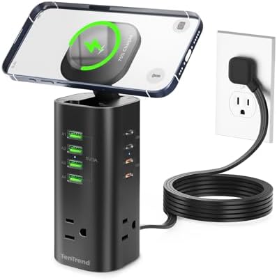 Ten Trend Surge Protector Tower: 160 W Fast Charging Hub with 3 AC Outlets & 8 USB Ports (4 USB-C) – 5 FT Flat Plug Extension for Home Office Efficiency and Device Safety