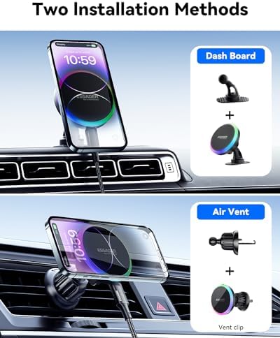 ESSAGER 15 W Magnetic Wireless Car Charger for i Phone 16/15/14/13/12 Pro Max – Fast, Secure Magsafe Charging Mount for Dash and Air Vent – Innovative Magnetic Phone Holder for Effortless On-the-Go Power Solutions