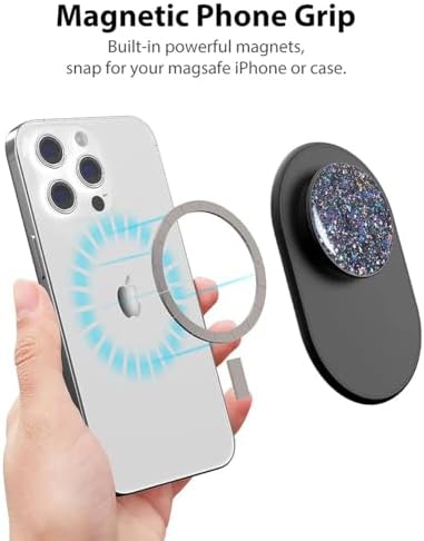 Magnetic Phone Grip for MagSafe, Phone Ring Holder Finger Kickstand Wireless Charging Compatible, Adjustable Magnet Phone Rings Gripper Stand for iPhone Mag-Safe Accessories – Sparkle Black – Enhanced Compatibility and Speed