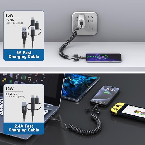 Versatile Coiled 3-in-1 Charging Cable: USB to Lightning, Type C, Micro USB – MFi Certified for Apple Carplay & Android Auto | Fast Charging & Data Sync for i Phone 16, 15, 14, 13 & Samsung Devices – Tangle-Free Travel Accessory