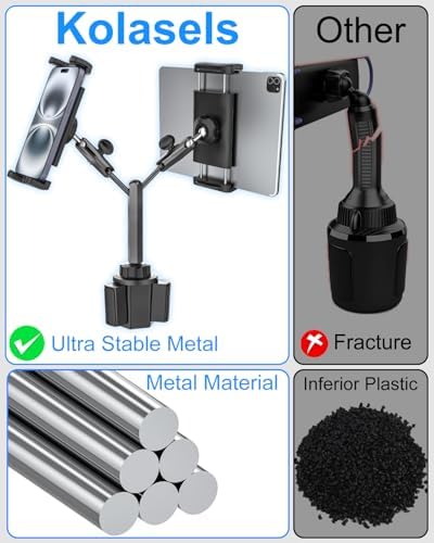 Universal Dual Tablet Car Cup Holder with Sturdy Metal Arm – Adjustable Device Mount for i Pad Pro, Air, Mini, i Phone & Galaxy (4-12.9″) – Enhance Travel Entertainment & Navigation Stability