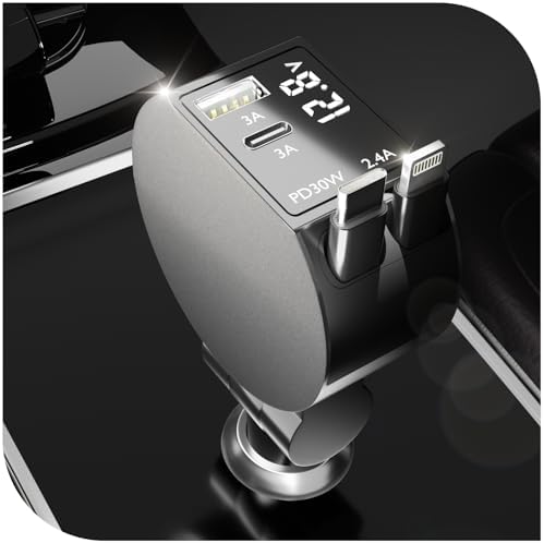 Leinsis 4-in-1 65 W Retractable Car Charger with USB-C & Lightning Ports – Ultimate Multi-Device Charging Solution for i Phone 16/15/14/13/12/11, Galaxy & Pixel – Compact, High-Speed, Tangle-Free Convenience for On-the-Go Power