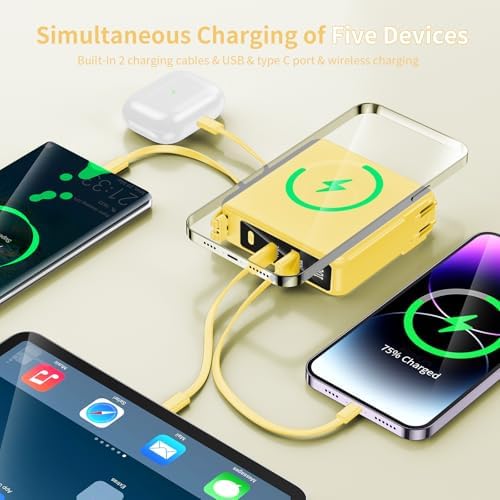 Ultimate 10,000 m Ah Portable Charger with Built-in Cables & AC Plug – PD 22.5 W Fast Wireless Power Bank for i Phone 16/15/14, Samsung S23/S22, Android Devices – Effortless Charging Anytime, Anywhere