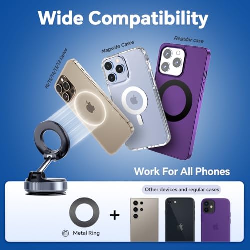 Vacuum Suction Cup Magnetic Phone Holder, Upgraded 360° Adjustable Magnetic Suction Cup Phone Mount for Car/Gym/Mirror/Smooth Surface, for iPhone, Android Smartphones(Black) – Enhanced Compatibility and Speed