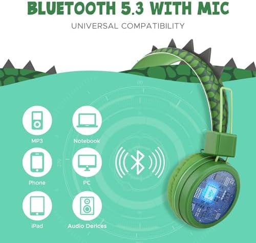 Dinosaur Bluetooth Headphones for Kids – Safe 85 d B Volume Control, Comfortable Over-Ear Design with Built-In Microphone & AUX Input for Tablets and i Pads – Ideal Travel Companion for Young Explorers and Learning Adventures