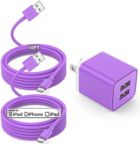 Ultra-Fast Dual Port USB Wall Charger with 10-Foot Lightning Cable – Apple MFi Certified i Phone Charging Solution, Perfect for i Phone 12/11/XR/Xs/8/7/6/SE/i Pad – Compact & Efficient Power Delivery for Home and Travel