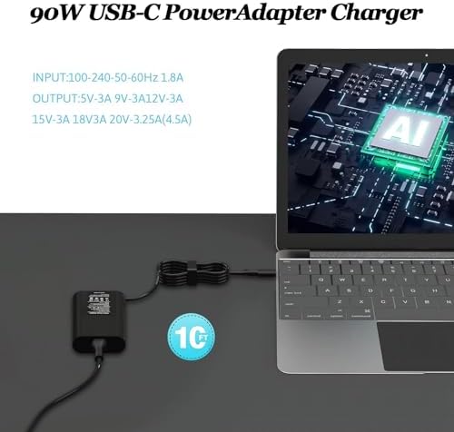 High-Power 90 W USB-C Laptop Charger: Universal Compatibility for Dell, HP, Lenovo, and More – Fast Charging AC Adapter for Precision 3540, XPS 13, Latitude Series, and Versatile Device Support – Reliable Power Supply with 12-Month Warranty for Enhanced Performance and Efficiency