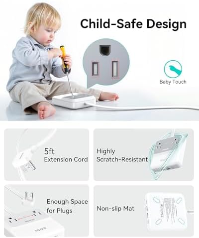 Ultimate 100 W Ga N USB-C Charging Station with Surge Protection – 6-Port Multi-Device Power Strip for Mac Book Pro, i Phone 16 Pro, and Chromebook – Space-Saving Flat Plug Design and 5 ft Extension Cord for Flexible Use – Perfect for Home and Travel