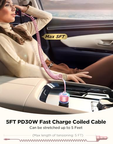 High-Speed USB C 72 W Car Charger for i Phone 16 Pro Max Plus & Multi-Device Compatibility – Rapid PD & QC3.0 Charging with 5 ft 36 W Type C Coiled Cable for Samsung Galaxy S24/S23/S22, Pixel, Moto, LG, and More – Ultimate Travel Accessory for Uninterrupted Power on the Go