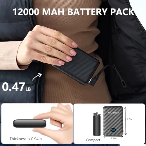Maximize Your Outdoor Comfort: 2 Pack High-Capacity Heated Jacket Battery with 12000 m Ah Rechargeable Power Bank – Universal DC/USB/Type-C Output for All Heated Apparel and Mobile Devices, Ensuring Warmth and Connectivity on Every Adventure