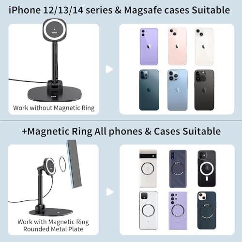 VRIG Magnetic Desk Phone Stand for Office/Home, 360°Rotation Wireless Charger Phone Holder with Magnetic Ring Height&Tilt, Adjustable Cell Phone Stand for iPhone 16 15 14 13 12 and More/Android – Enhanced Compatibility and Speed