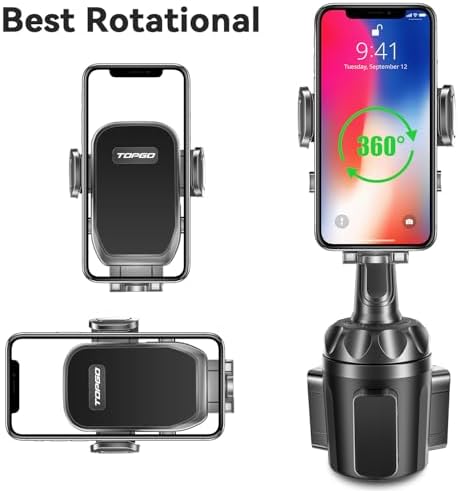 TOPGO Pro Car Phone Mount – Versatile Adjustable Height Cup Holder for i Phone 16 Pro Max & All Smartphones – Sturdy, No-Wobble Design for Safe Hands-Free Navigation – Sleek Black Finish for Modern Interiors