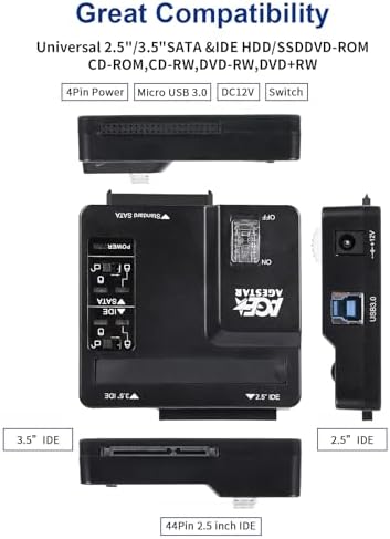 Universal USB 3.0 to IDE & SATA External Hard Drive Adapter Kit – High-Speed HDD/SSD Connection with 12 V/2 A Power Supply for Enhanced Data Transfer & Compatibility – Ideal for Data Recovery & Backup Solutions