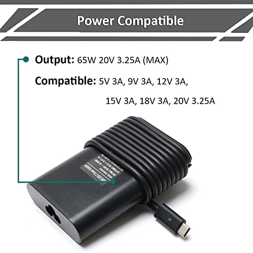 65 W USB-C Charger for Dell Latitude & XPS – Fast Charging AC Adapter with Universal Compatibility for Models 3120, 3189, 7390, and More – Lightweight 6 ft Cord with Safety Certification for Efficient Power Delivery