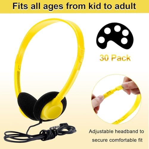 Yunsailing 30-Pack Classroom Headphones – Lightweight & Durable On-Ear Headsets with 3.5 mm Jack for Engaging Learning – Cheerful Light Yellow Color for Students and Teachers in Educational Settings
