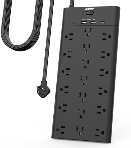 Ultimate Surge Protector Power Strip with 19 Outlets & 4 USB Ports – Heavy-Duty 6.5 Ft Extension Cord, 1875 W Power Capacity, 2100 Joules Surge Protection, Wall Mountable for Home, Office, and Gaming – Efficient Power Management Solution in Sleek Black Design
