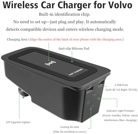 Ultimate Wireless Car Charger for Volvo XC90 XC60 V90 V60 S90 S60 | Fast Qi Charging Pad with QC 3.0 USB Port – Sleek Design, Easy Installation & Enhanced Compatibility for a Tangle-Free Experience