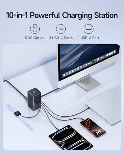 Baseus 67 W 10-in-1 USB-C PD Desktop Charging Station with 1200 J Surge Protection, 5 ft Extension Cord, 6 AC & 4 USB Ports – Fast Multi-Device Charger for i Phone 16/15, Mac Book, Tablets, and Desktops, Enhanced Power Management and Safety
