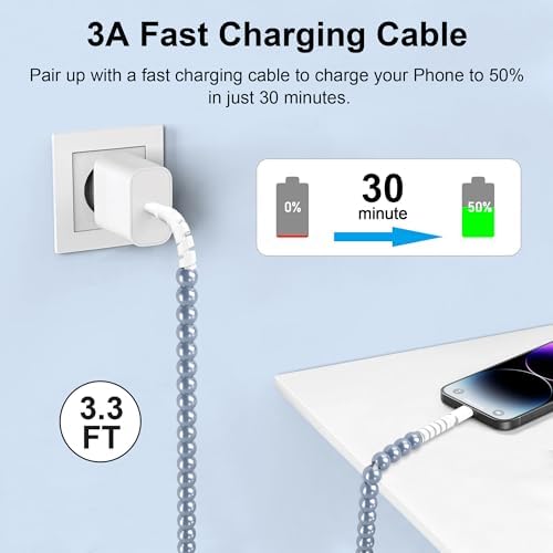 Elevate Your Charging Game with Hian Dier MFi Certified USB C to i Phone Charger – 3.3 FT Fast Charging Cable in Elegant Blue Morandi Pearl Beaded Design for i Phone 14, 13, 12, 11 Pro Max, X, XS, XR – Durable and Tangle-Free Accessory for Style and Performance