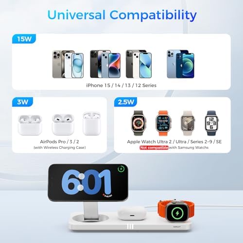 Ultimate 3-in-1 Wireless Charging Station for Apple Devices – Rapid 15 W Magnetic Charger for i Phone 16/15/14/13/12 Pro Max, Compatible with Apple Watch Series S2 to Ultra, Air Pods Pro/4/3/2 – Foldable Travel-Friendly Design for Effortless Charging Anywhere