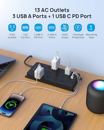 Maximize Your Power Potential with the TROND Heavy-Duty Surge Protector Power Strip: 13 Wide-Spaced Outlets, 32 W Quick Charge USB-C, 4000 Joules Protection, 5 ft Flat Plug Extension Cord, Wall Mountable Design for Seamless Integration in Home and Office Spaces – ETL Listed for Ultimate Safety and Reliability