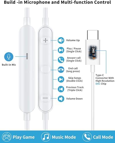 Samsung USB C Earbuds – High-Performance Wired Headphones with Magnetic Design, Noise Cancelling, and Microphone for S23 FE, S22, S21, S20, A53, A54 – Immerse in Superior Bass Stereo Sound and Effortless Volume Control