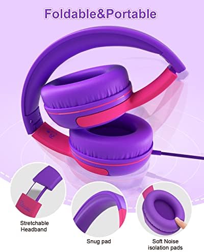 Vibrant Purple/Red ELECDER S8 Wired Kids Headphones with Adjustable Volume Control – Safe Sound Technology (85/94 d B) for Hearing Protection – Comfortable Fit for Growing Children – Perfect for School, Travel, and Play – Built-in Microphone for Effortless Communication – Compatible with Tablets and Smartphones – Durable Design for Everyday Adventures