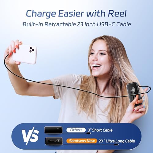 Compact 10,000 m Ah Power Bank with Retractable USB-C Cable – 30 W Fast Charging Portable Charger for i Phone 15/16, Galaxy, and i Pad – Smart LED Display for Travel Convenience and Enhanced Compatibility