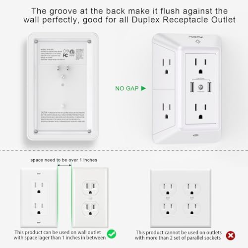 Maximize Your Charging Efficiency with the POWRUI 6-Outlet Extender & USB Wall Charger – Versatile Surge Protector with Dual 2.4 A USB Ports, Integrated Night Light, 3-Sided Design for Optimal Space Utilization, ETL Certified Safety, Ideal for Home and Office Use