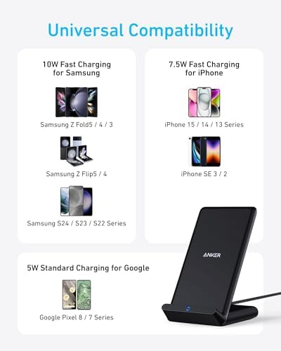 Anker 313 Qi-Certified Fast Charging Stand – 10 W Wireless Charger for i Phone 16 Series & Galaxy S23/S22/S21 – Sleek, Portable Design with Non-Slip Base – Perfect for Home, Office, or Travel – Enhance Charging Efficiency & Style Effortlessly