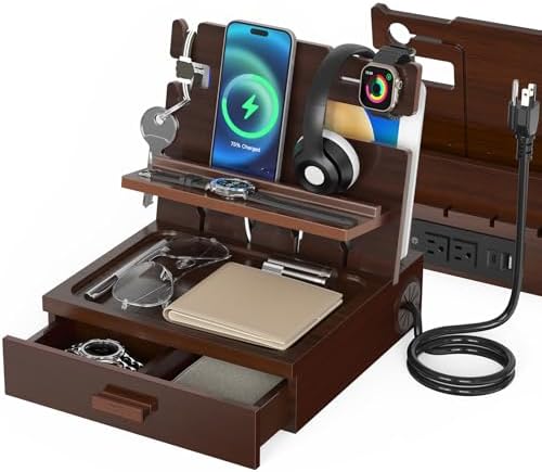 Nightstand Organizer with Charging Station, Wood Docking Station with USB Ports and Outlets, Gifts for Men, Bedside Holder with Drawer for Kindle,Phone,Key, Watch & Accessories (Classic Black) – Enhanced Compatibility and Speed