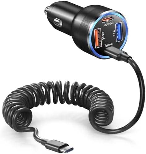 Bangfun 65 W USB C Car Charger – 4-Port Dual 12 V Fast Charging Adapter with PD & QC3.0 Technology, Includes 5 ft Type C Coiled Cable for i Phone 15/16 Pro Max and Samsung S25 – Ultimate Power Solution for Road Trips and Family Travel