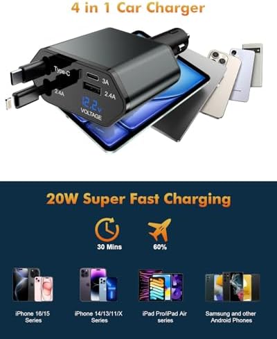 i Phone 14 Dual Port Fast USB C Car Charger | Apple MFi Certified 38 W Quick Charge Adapter with 2 Lightning Cables | Sleek Metal Design for Optimal Durability and Compatibility with i Phone 14, 13 Pro Max, Mini, 12, 11 & Air Pods | Reliable On-the-Go Power Solution for Busy Lifestyles