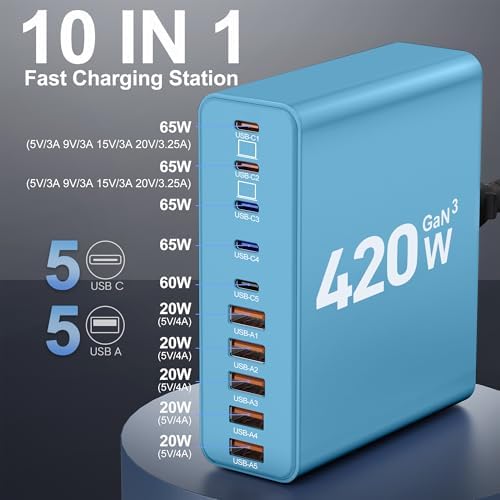 Ultimate 420 W Ga N Multi-Device Charging Hub – 10-Port USB C & A Wall Charger for Mac Book, i Phone, i Pad, Dell XPS, and Samsung Galaxy – Rapid Smart Charging Station with Advanced Safety Features for Efficient Power Management