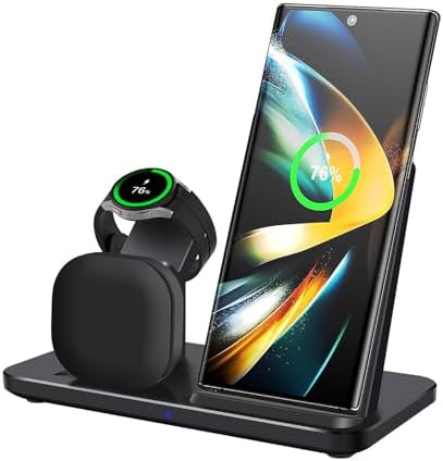 Ultimate 3 in 1 Wireless Charging Station – 15 W Fast Charger for Samsung Galaxy S Series, Note, Galaxy Buds, and Watches – Streamlined, Space-Saving Design with Advanced Safety Features for Home and Office Use