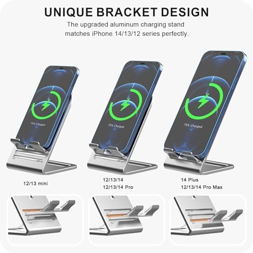 HALLEAST for Magsafe Charger Stand, Updated Aluminum Alloy Charging Holder Perfectly Compatible with for Apple iPhone 16/15/14 Plus/14 Pro Max/14 Pro/14/13 Mini for 16/15/14/13/12 Series, Silver – Enhanced Compatibility and Speed