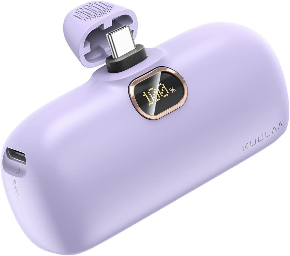 Kuulaa 5000 m Ah USB-C Power Bank with Built-in Plug – PD20 W Fast Charging Battery Pack for i Phone 15/16, Samsung S22/S23 & Android Devices – Compact Design with LCD Display for On-the-Go Convenience and Enhanced Compatibility