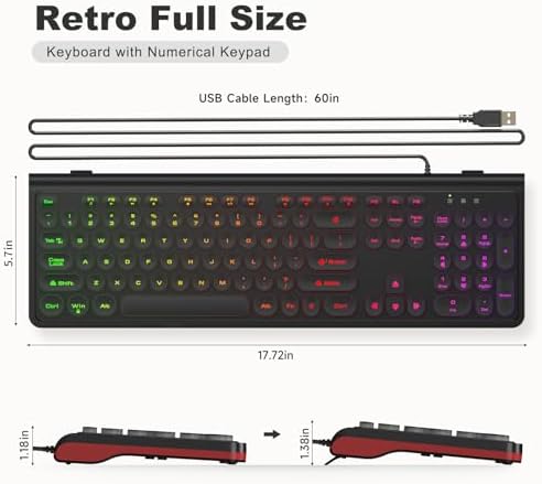 Retro-Inspired Full Size Typewriter Keyboard with Number Pad – Wired USB Keyboards for Windows 7, 8, 10, 11 | Enhance Your Typing Experience with Classic Charm and Modern Efficiency | Perfect for Home and Office Use