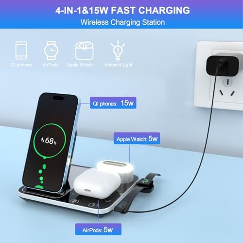 4-in-1 Wireless Charging Station with Ambient Light – Fast Qi-Compatible Charger for i Phone 15, 14, 13, 12, 11 Pro Max, XR, XS, Perfect Foldable Charging Stand for Apple Devices and Travel Convenience