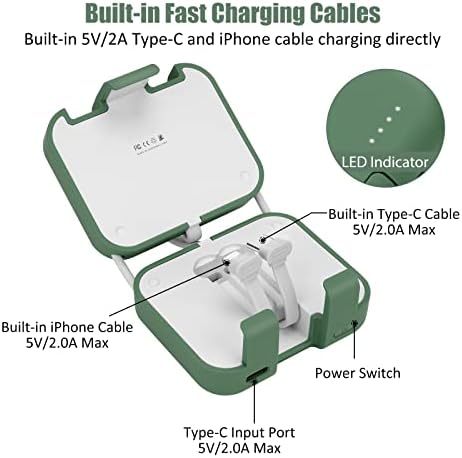 Ultra-Compact 4000 m Ah Power Bank with Built-in Cable – Fast Charging Portable Charger for i Phone, Samsung, Google Devices – Stylish Green Mini External Battery Pack for On-the-Go Connectivity and Convenience