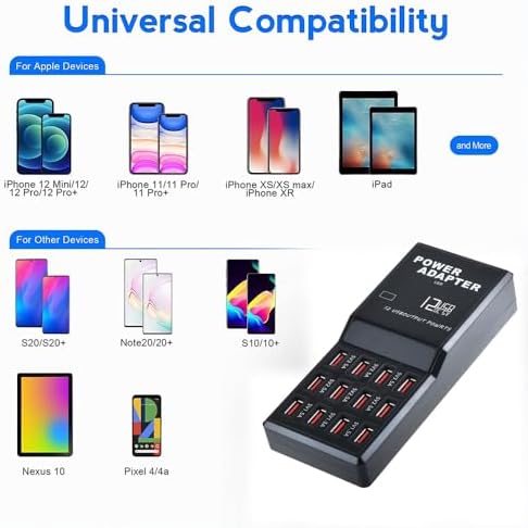 Max Lax 12-Port USB Charging Station – High-Speed 60 W Multi-Device Power Hub for Smartphones, Tablets & More – Optimal Efficiency with Universal Compatibility & Advanced Safety Features for Home, Office, or Travel